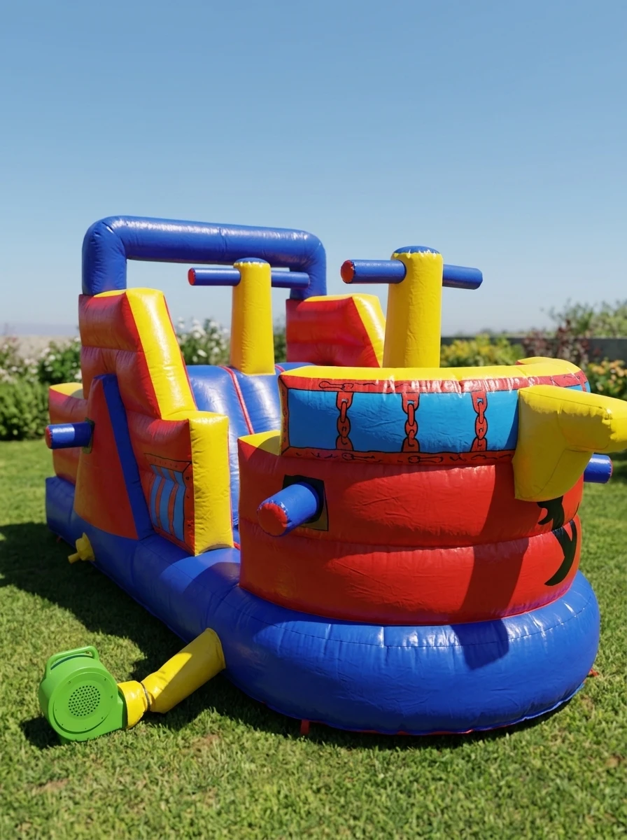 Inflable en forma de barco pirata rojo, azul y amarillo con cañones y soplador verde, instalado sobre pasto