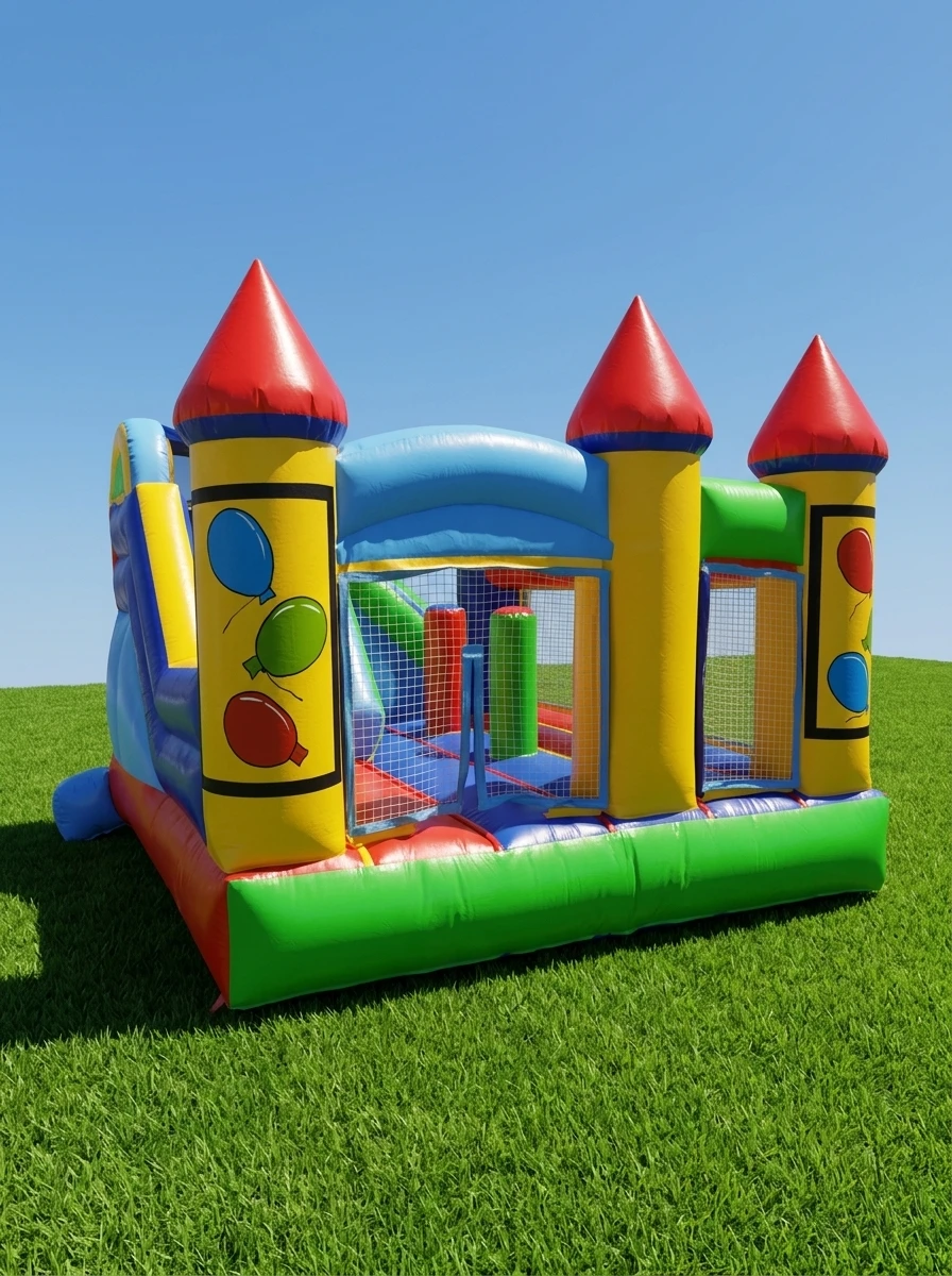 Castillo inflable con torres rojas y amarillas decoradas con globos, red de seguridad y tobogán, instalado sobre pasto