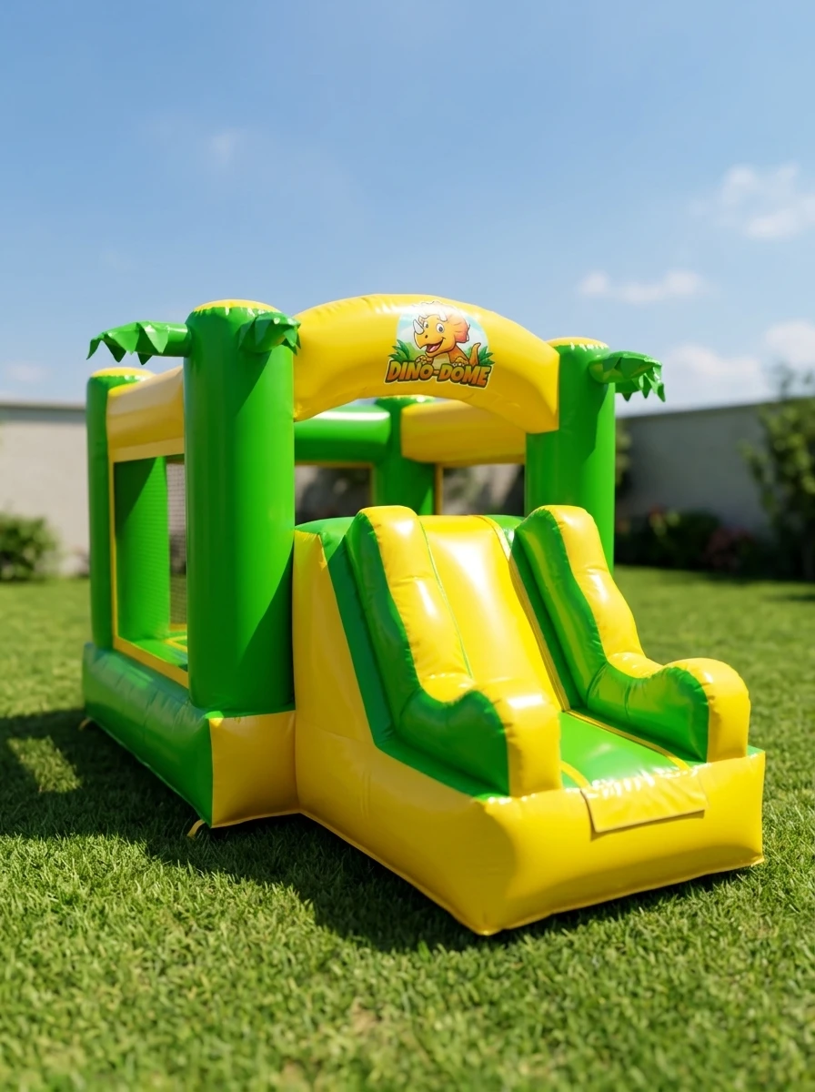 Inflable verde y amarillo temático de dinosaurios Dino Dome con palmeras y tobogán, instalado en un jardín