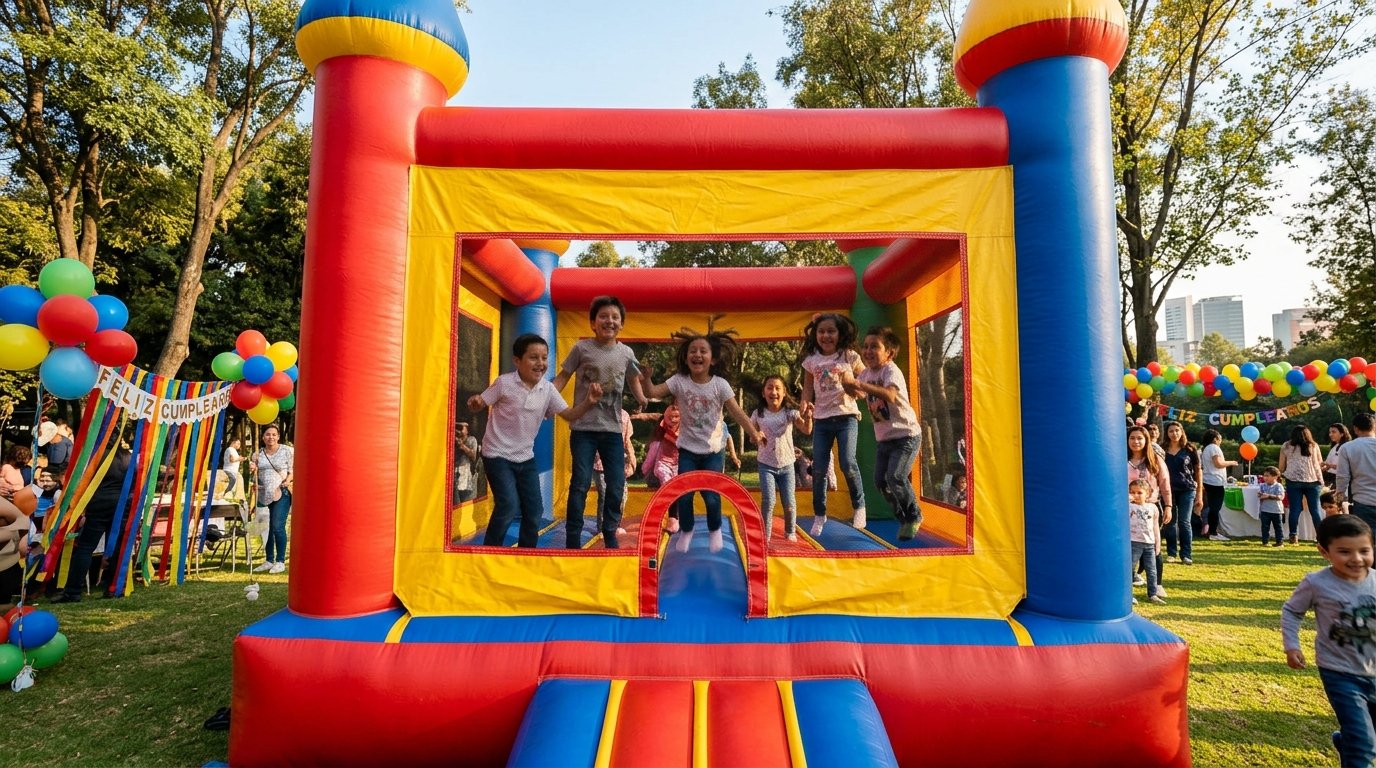 Niños riendo y brincando en un castillo inflable de colores durante una fiesta infantil al aire libre en la Ciudad de México