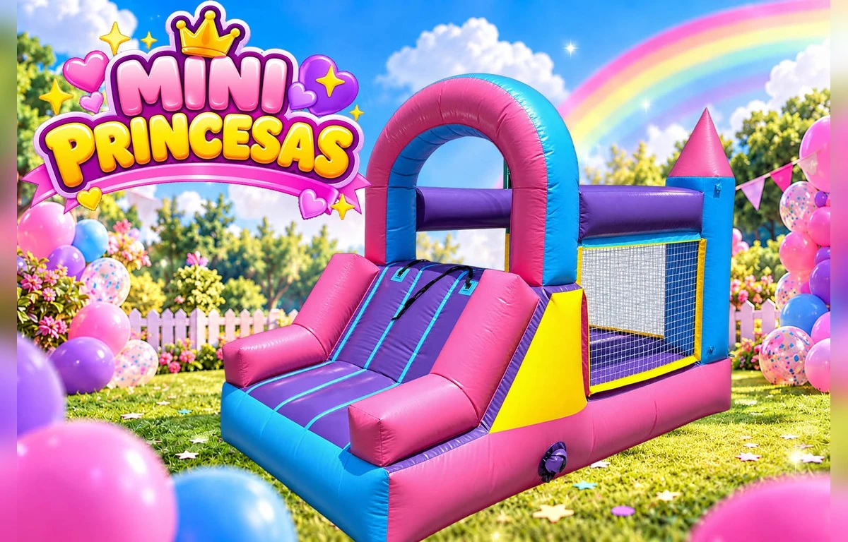 Mini Princesas, vista diagonal del inflable con resbaladilla y arco