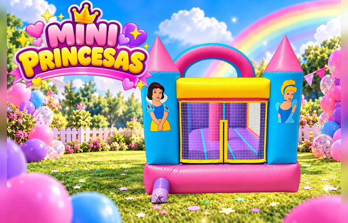 Mini Princesas, vista frontal del inflable con entrada de red y torres