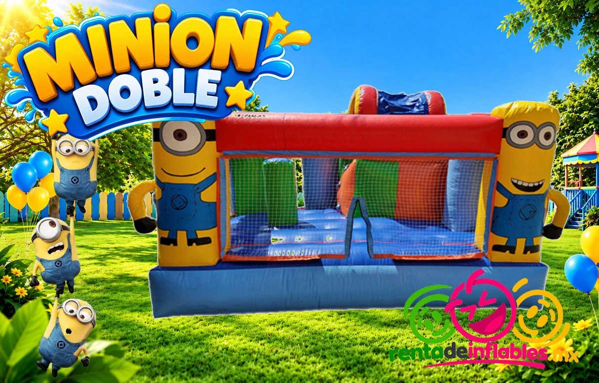 Minion Doble, vista frontal del inflable con red y dos columnas