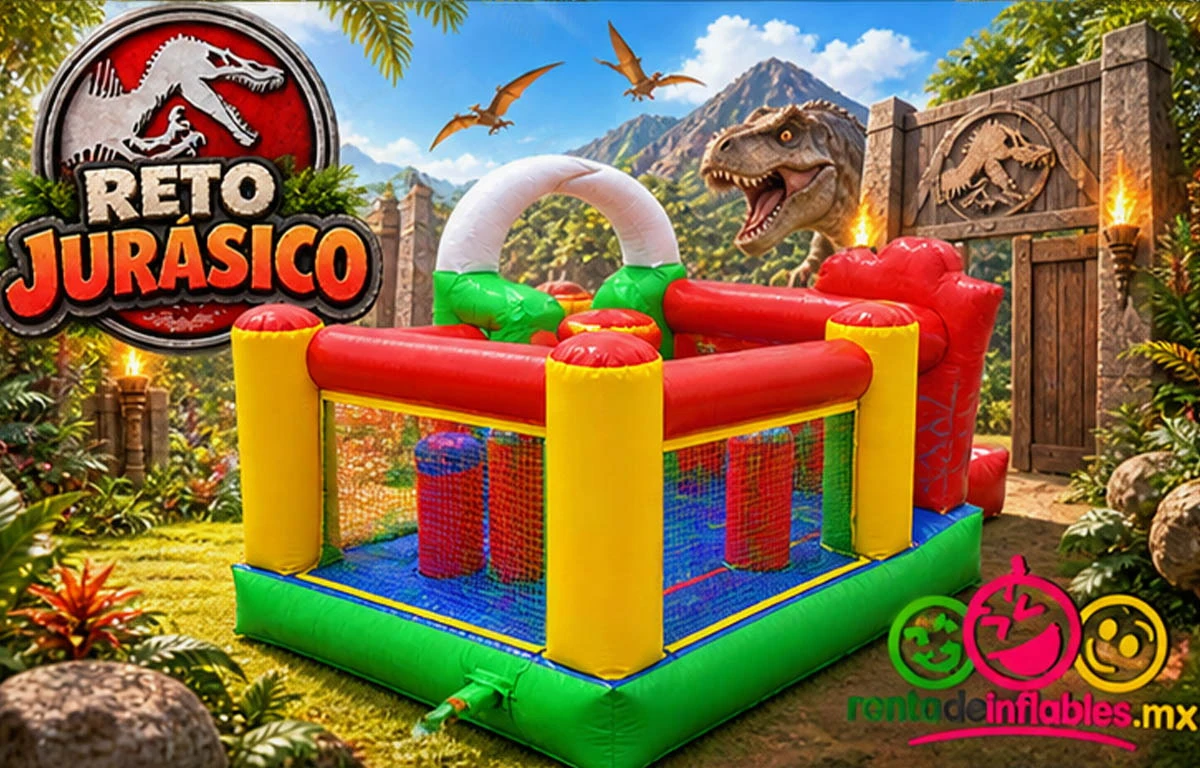 Reto Jurásico, vista alterna del inflable con obstáculos y resbaladilla