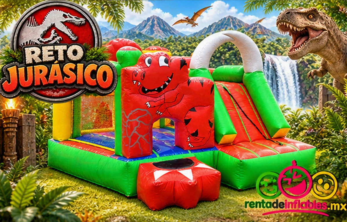 Reto Jurásico, vista principal del inflable con temática de dinosaurios