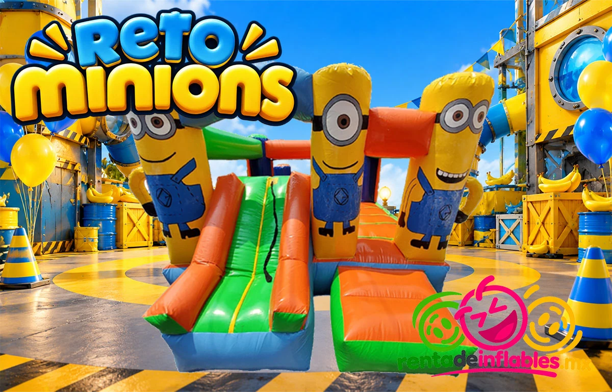 Reto Minions, primera perspectiva del inflable con tres columnas y resbaladillas