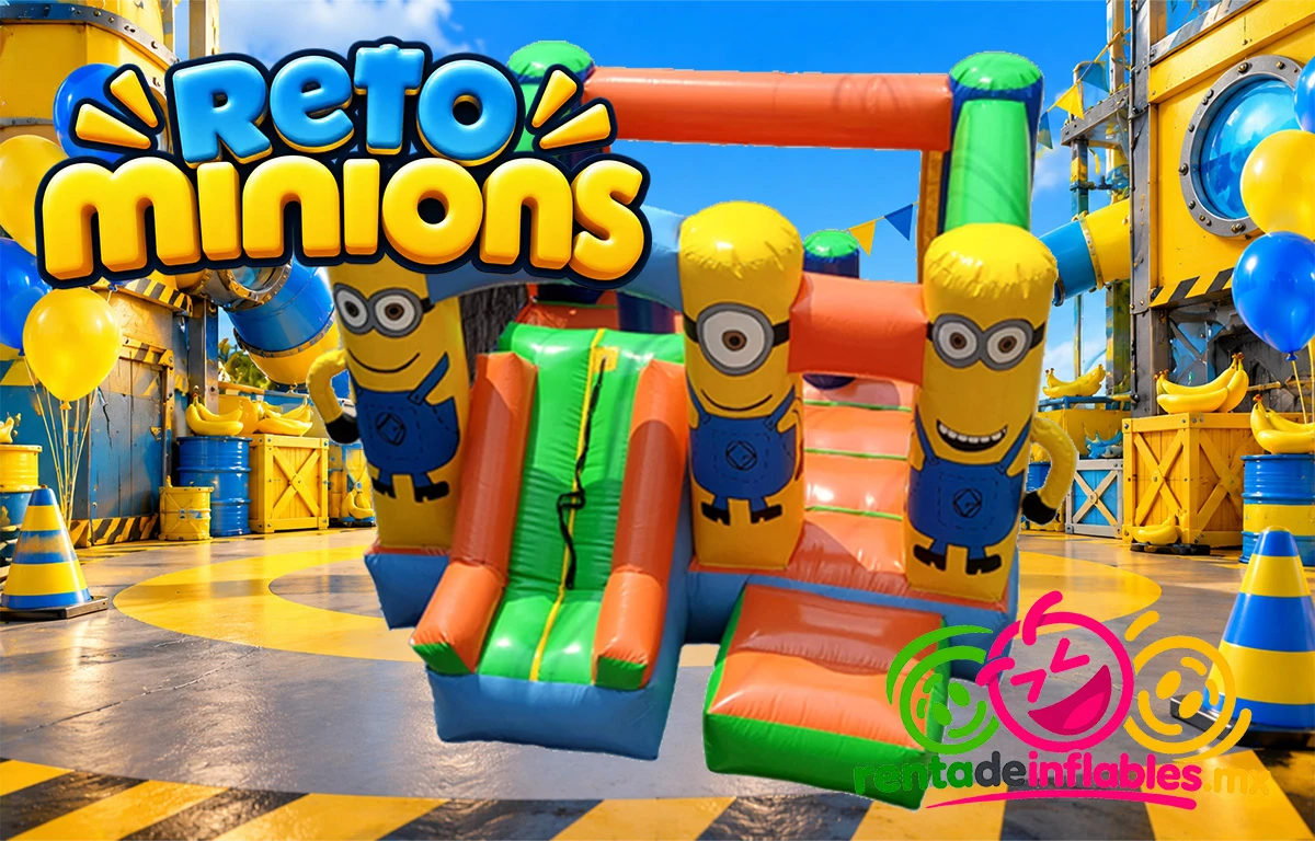 Reto Minions, segunda perspectiva del inflable con tres columnas y resbaladillas