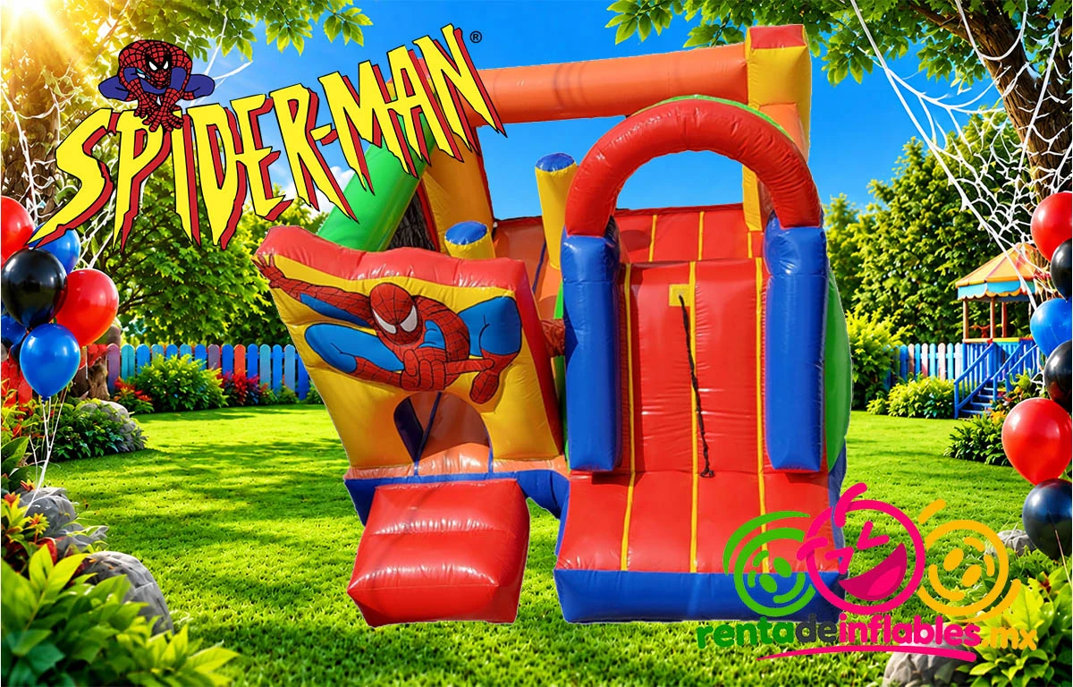 Spiderman, vista diagonal del inflable con área de juego y resbaladilla